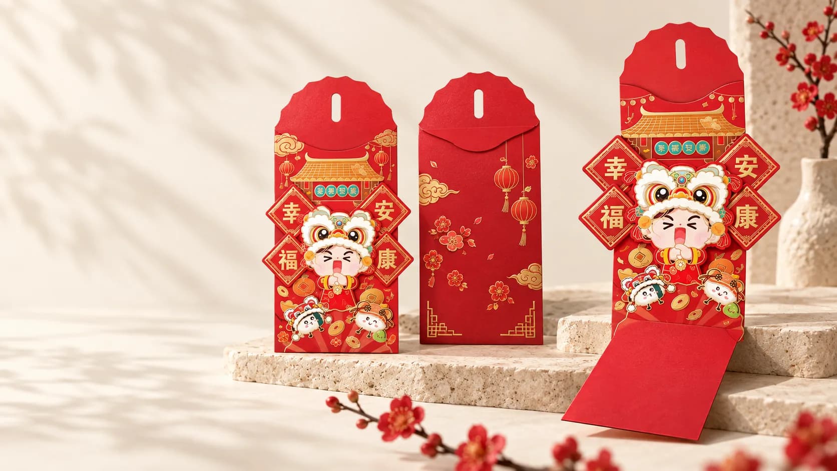Angpao pop-up Imlek merah, tampak depan dan terbuka