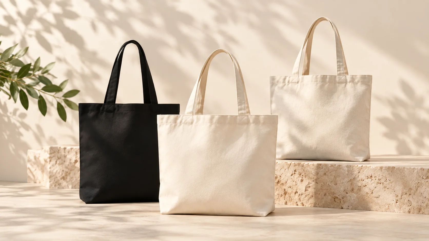 Tiga tote bag canvas polos, hitam dan natural, di atas balok batu