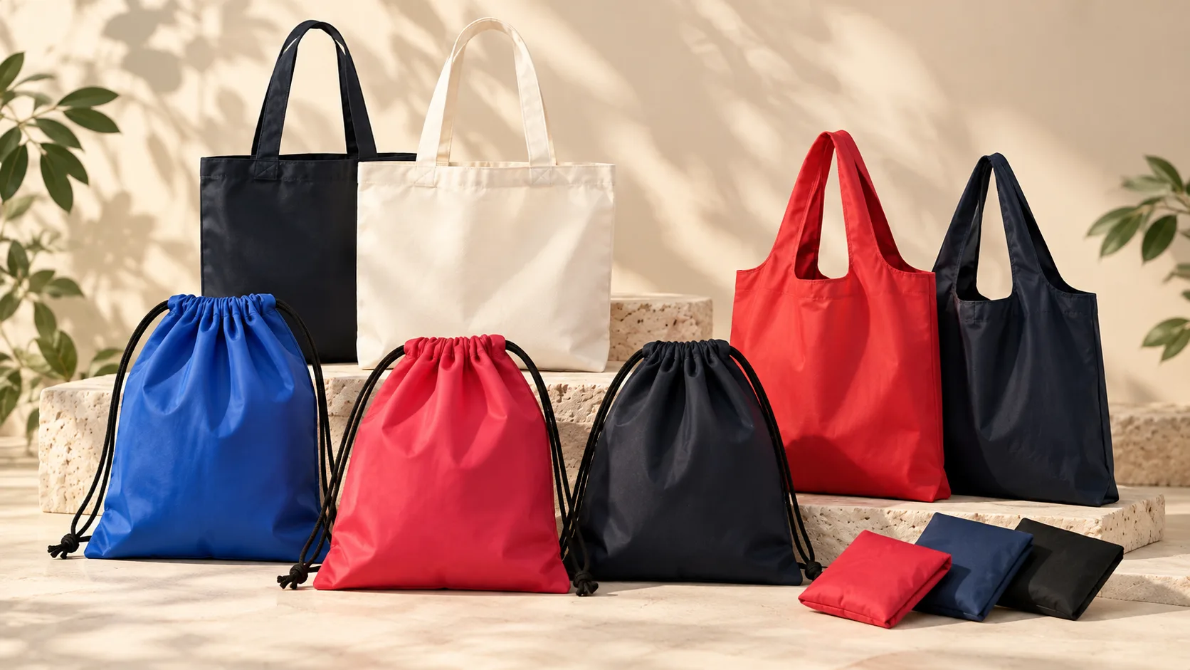 Tas serut polyester biru, merah, dan hitam, tote bag lipat, dan versi terlipatnya