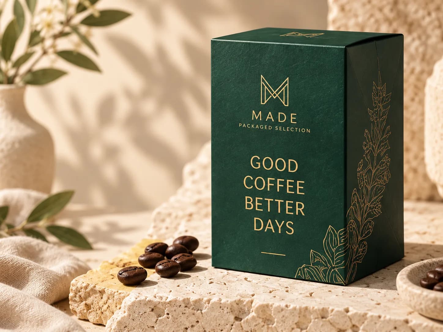 Coffee box hijau tua dengan cetakan emas dan biji kopi di sekitarnya