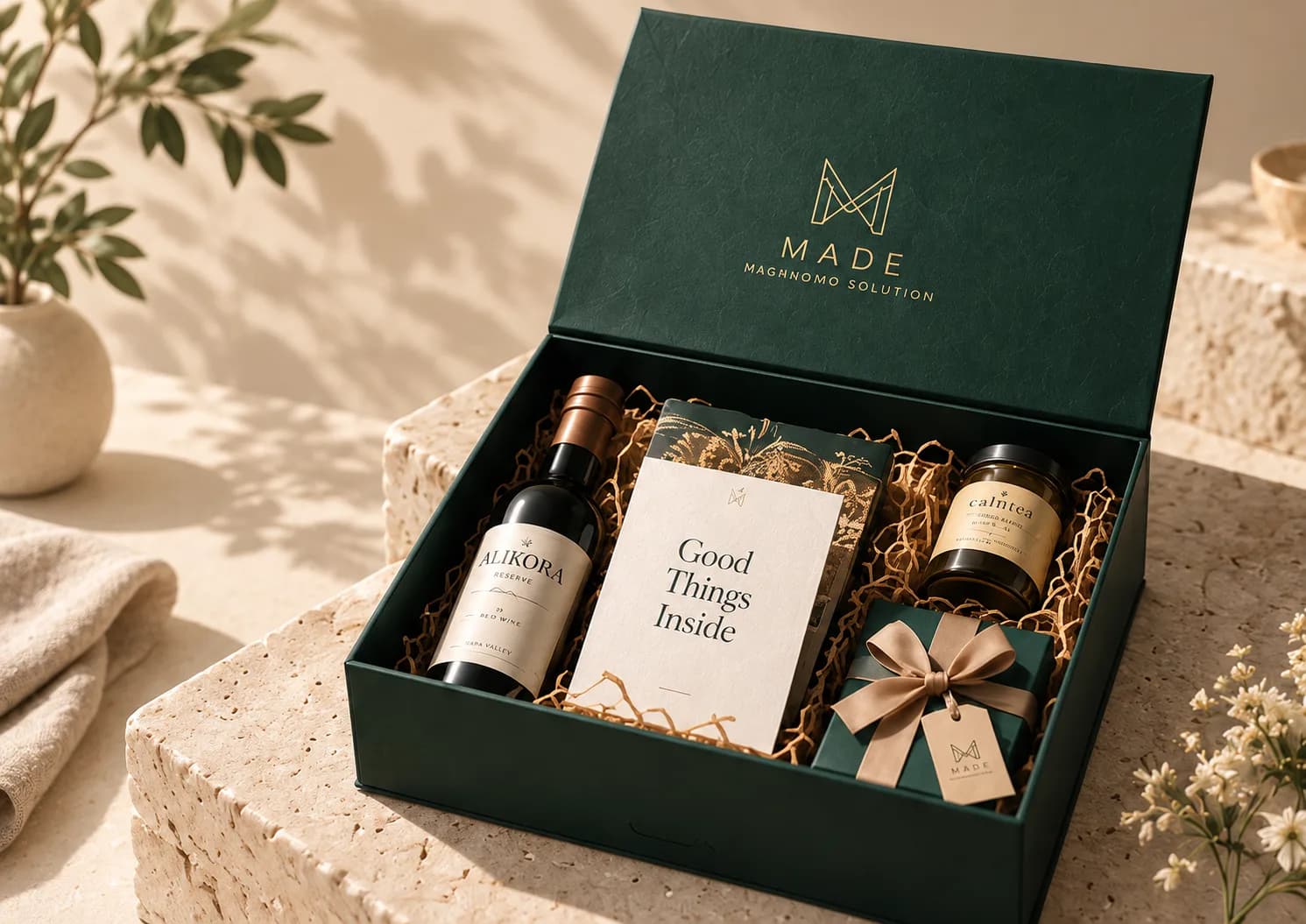Hampers box hijau tua terbuka berisi wine, kartu ucapan, dan gift box kecil