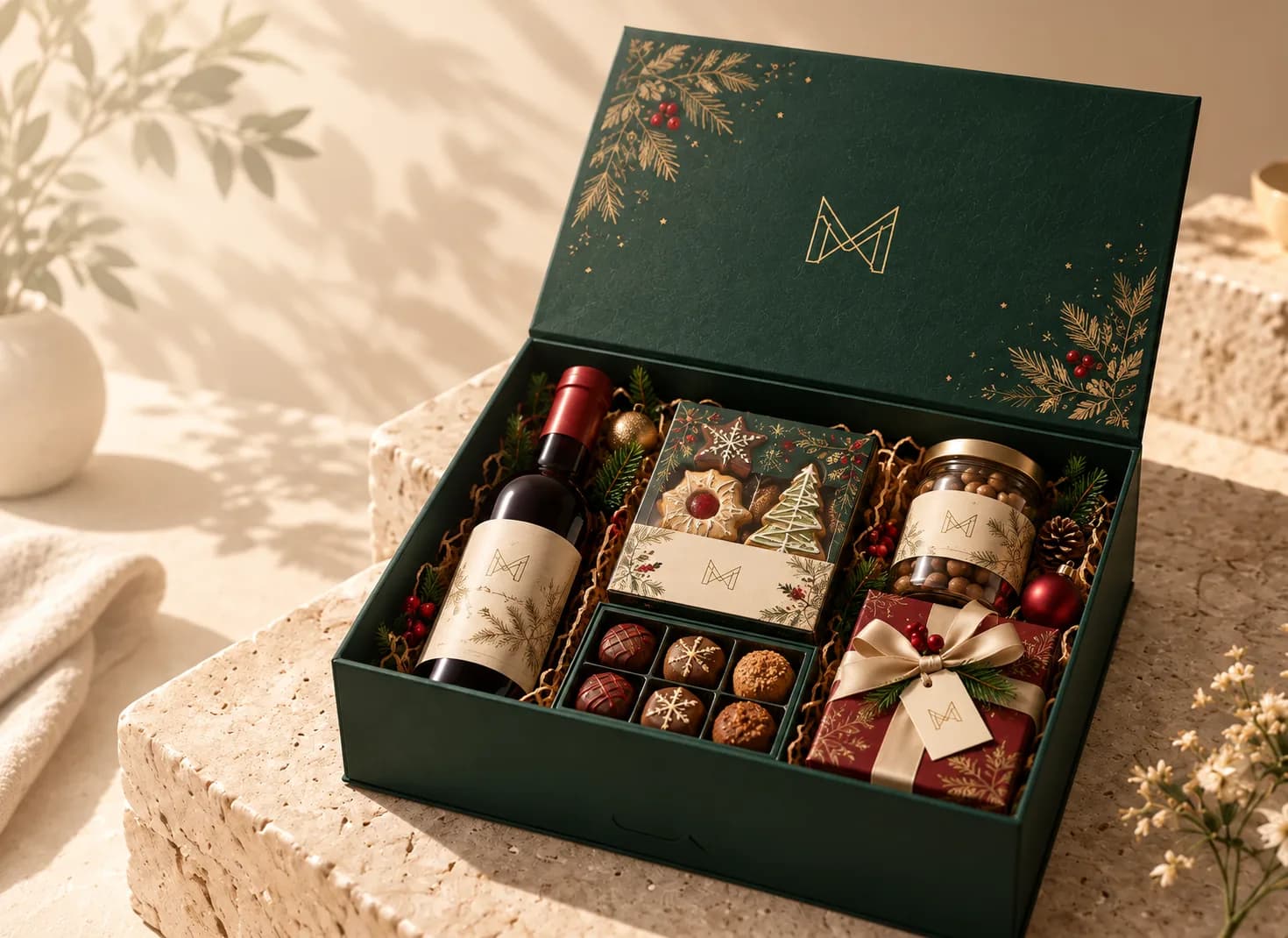 Hampers box Natal hijau tua bermotif daun pinus emas, berisi wine, cokelat, dan kue jahe