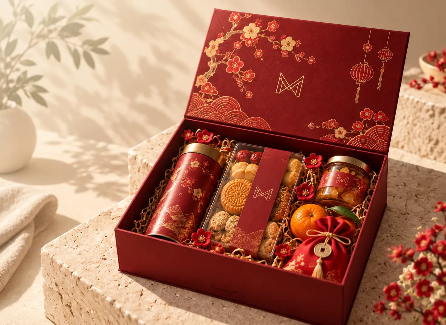 Hampers box Imlek merah bermotif bunga plum emas, berisi tin teh, kue kering, dan jeruk