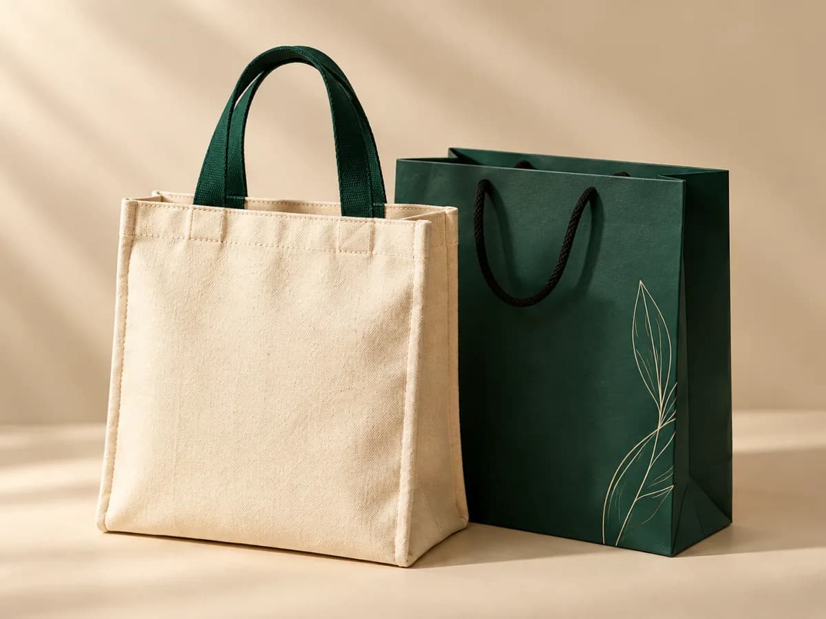 Tote bag kanvas ivory dengan handle hijau di samping paper bag hijau tua bermotif daun