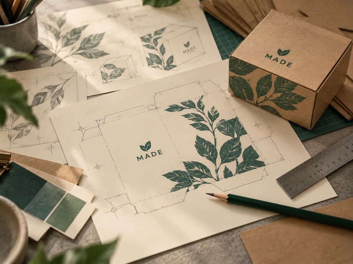 Rancangan kemasan kraft bermotif botani di meja kerja desain